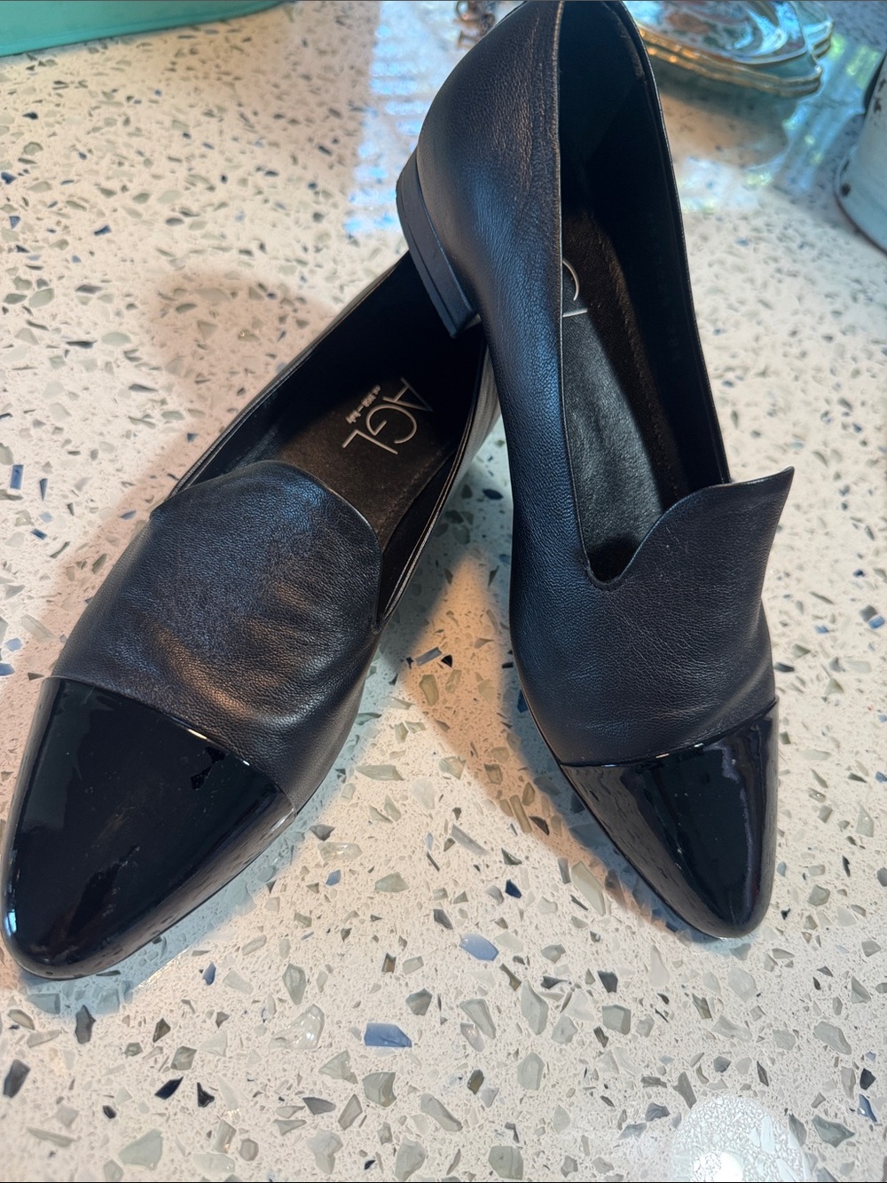 AGL Black calfskin Leather Loafers flats with Patent Pointed Toe. 38 1/2. (7.5)